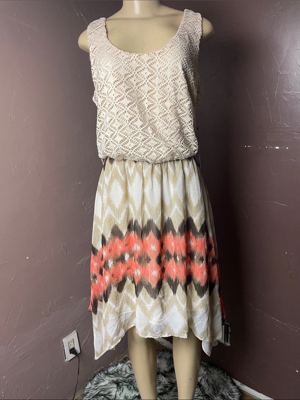 Luxology Cream Crochet Top High-Low Dress with Coral and Tan Chevron Skirt